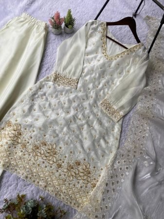 White Palazzo Suit Set With Golden Beads Work