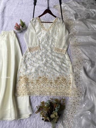White Palazzo Suit Set With Golden Beads Work