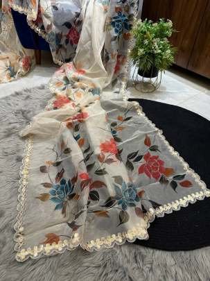 White Party Wear Handwork Pure Organza Saree