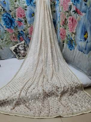 White Party Wear Heavy Dual Sequins Embroidery Work Saree