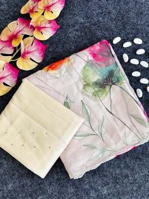 White Party Wear Printed And Handwork Soft Organza Saree