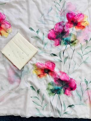 White Party Wear Printed And Handwork Soft Organza Saree