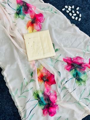 White Party Wear Printed And Handwork Soft Organza Saree