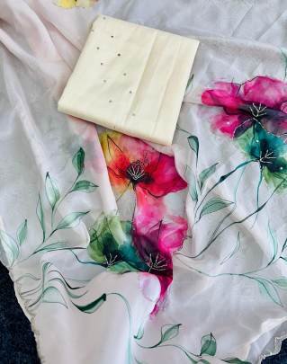 White Party Wear Printed And Handwork Soft Organza Saree