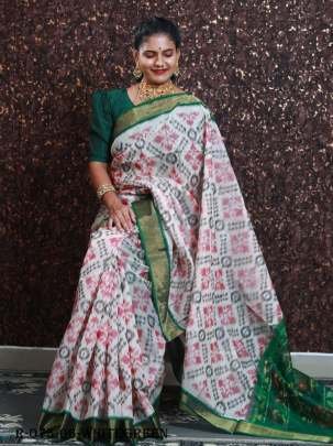 White Pramila Ikkat Patola Digital Printed Saree with Green Blouse