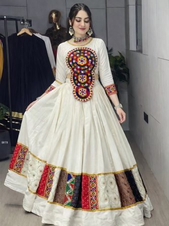 White Rayon Cotton Lehenga Choli with Kutchi Work And Mirror Embroidery