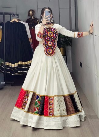 White Rayon Cotton Lehenga Choli with Kutchi Work And Mirror Embroidery