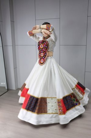 White Rayon Cotton Lehenga Choli with Kutchi Work And Mirror Embroidery