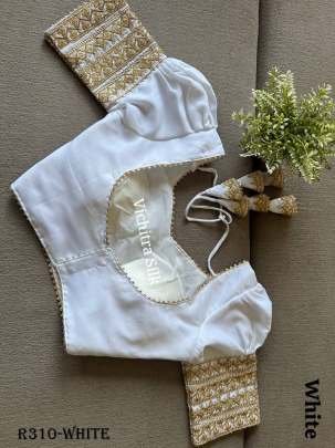 White Readymade Vichitra Silk Blouse With Puff And Gota Less