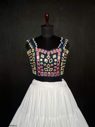 White Real Mirror Work Rayon Navratri Lehenga Choli With Blue Blouse