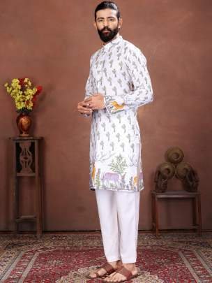 White Royal Wilderness Printed Men   s Kurta