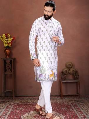 White Royal Wilderness Printed Men   s Kurta