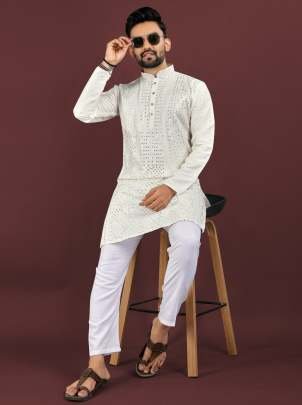 White Sequence Embroidery Work Mens Kurta Pajama