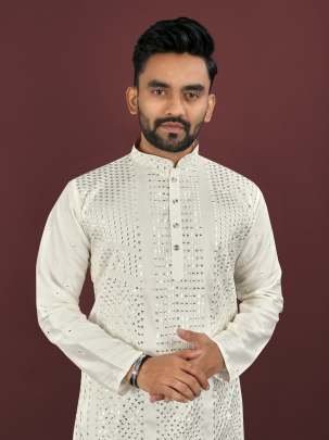 White Sequence Embroidery Work Mens Kurta Pajama