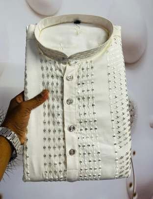 White Sequence Embroidery Work Mens Kurta Pajama