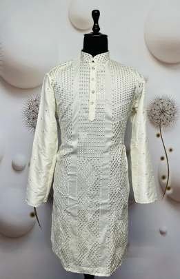 White Sequence Embroidery Work Mens Kurta Pajama