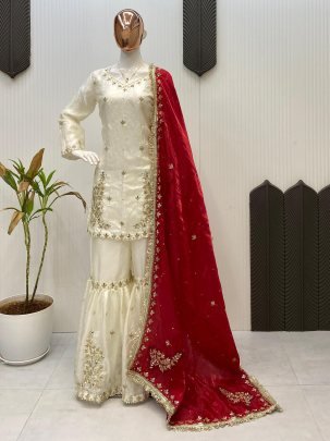 White Sharara Suit with Red Dupatta
