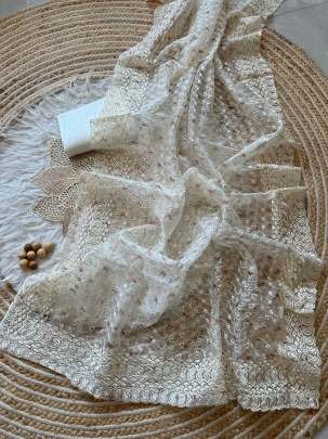 White Supper Hot Floral Print And Chikankari Pure Organza Silk Saree