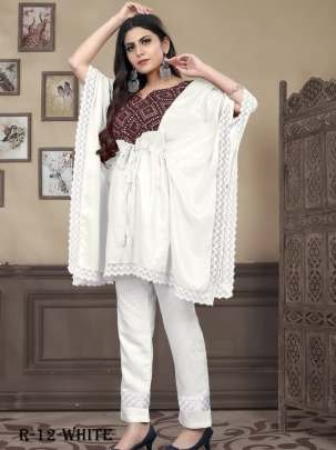 White Western Style Rayon Printed Kaftan