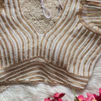 White With Golden Moti Work Ready Made Blouse