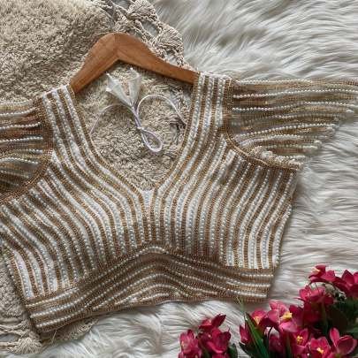 White With Golden Moti Work Ready Made Blouse