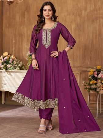 Wine Anarkali Embroidered Suit With Dupatta 