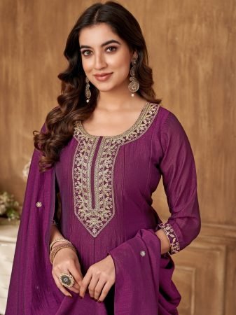 Wine Anarkali Embroidered Suit With Dupatta