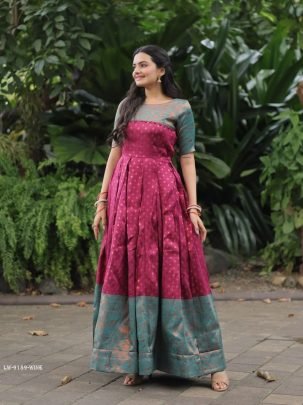 Wine Banarasi Jacquard Silk Designer Gown
