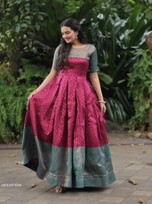 Wine Banarasi Jacquard Silk Designer Gown
