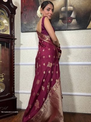 Wine Banarsi Soft Silk Saree With Unstich Blouse
