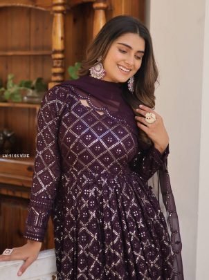 Wine Checks Pattern Georgette Gown with Dupatta