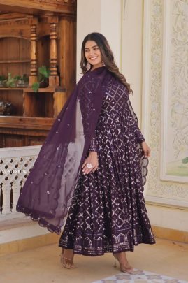 Wine Checks Pattern Georgette Gown with Dupatta