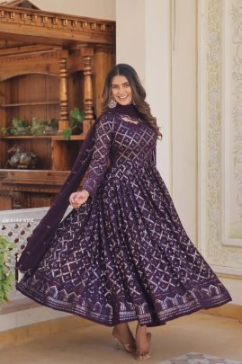 Wine Checks Pattern Georgette Gown with Dupatta