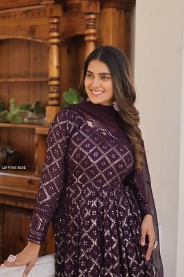 Wine Checks Pattern Georgette Gown with Dupatta