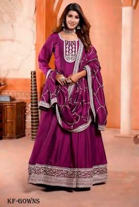 Wine chinon Silk With Embroidery Work Wedding Wear Long Anarkali Suit