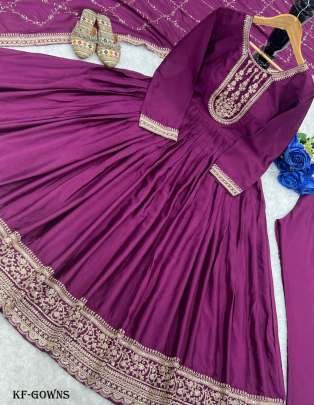Wine chinon Silk With Embroidery Work Wedding Wear Long Anarkali Suit