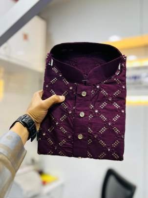 Wine Color Golden Mirror Cotton Kurta And Pyjama