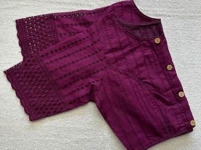 Wine Color Jaipuri Goli Hakoba Boat Neck Ready made Blouse with Wooden Button