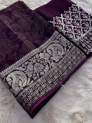 Wine Designer Border Embroidered Georgette Saree With Heavy Unstitch Blouse
