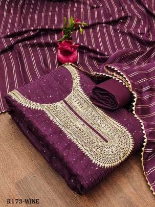 Wine Designer Chanderi Unstitched Suits With Crosset Work