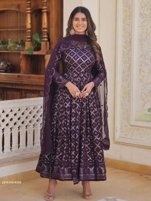 Wine Designer Sequins Gown With Dupatta