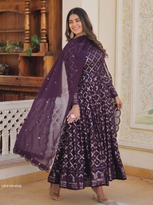 Wine Designer Sequins Gown With Dupatta