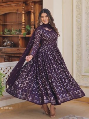 Wine Designer Sequins Gown With Dupatta