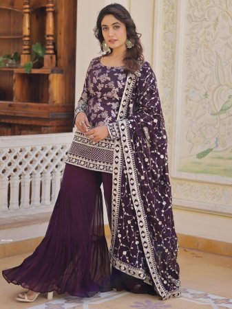 Wine Designer Zari Embroidered Gharara Suit Set
