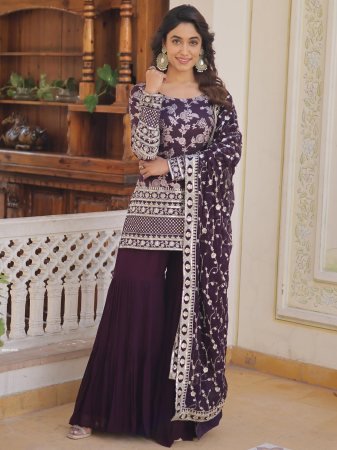 Wine Designer Zari Embroidered Gharara Suit Set