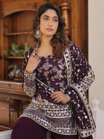 Wine Designer Zari Embroidered Gharara Suit Set