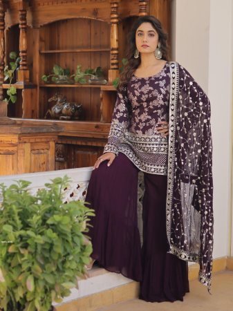 Wine Designer Zari Embroidered Gharara Suit Set