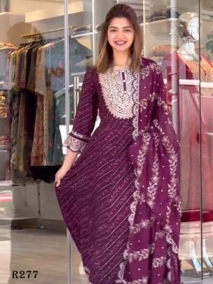 Wine Digital Printed and Embroidery Work Georgette Anarkali Gown