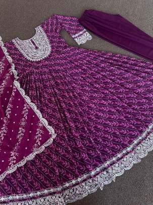 Wine Digital Printed and Embroidery Work Georgette Anarkali Gown