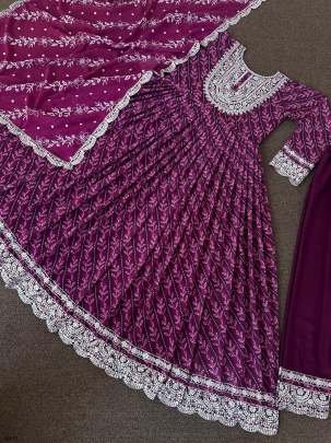 Wine Digital Printed and Embroidery Work Georgette Anarkali Gown